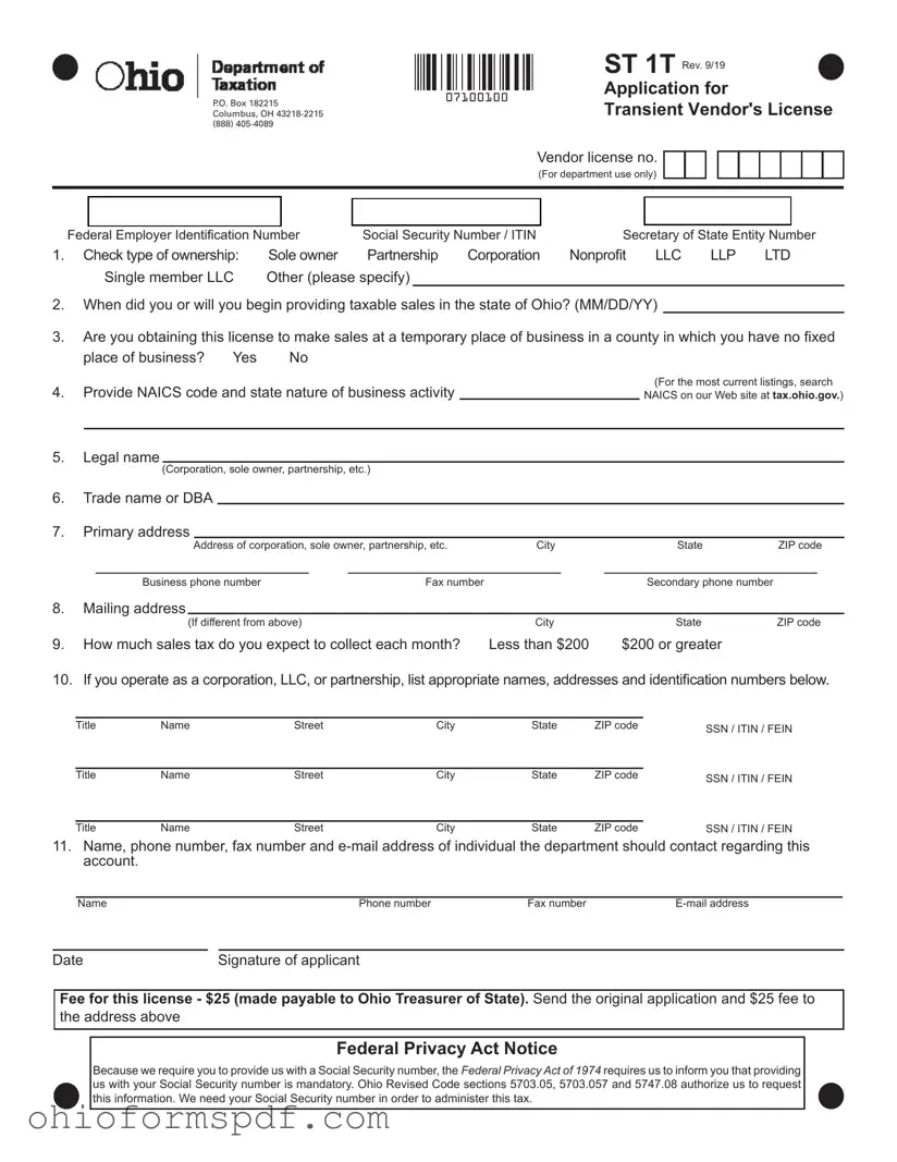 Blank Ohio Application For Vendors License Template