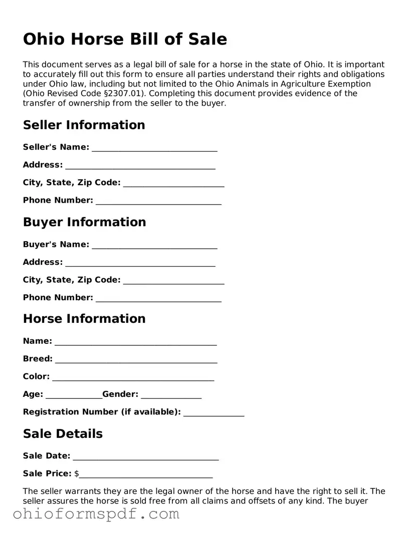 Blank Ohio Horse Bill of Sale Form