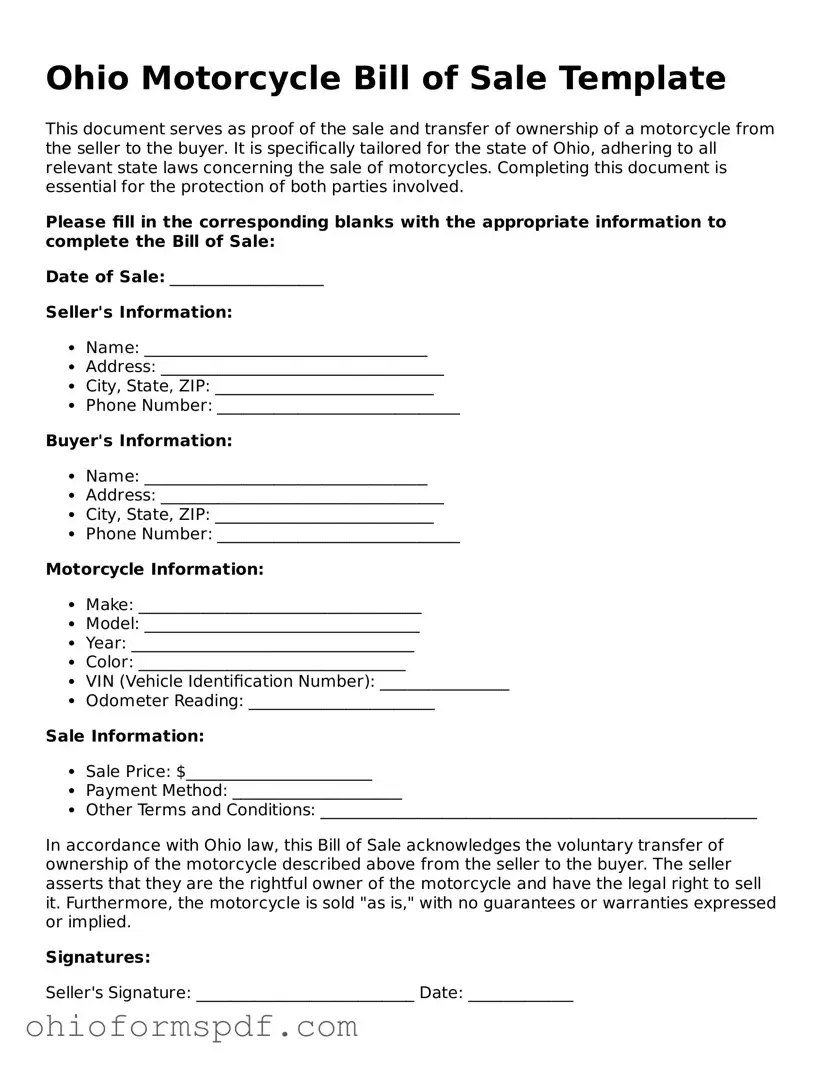 Blank Ohio Motorcycle Bill of Sale Form