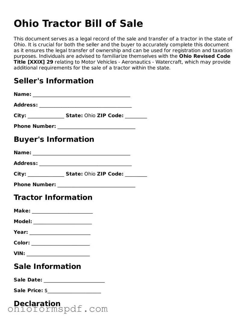 Blank Ohio Tractor Bill of Sale Form
