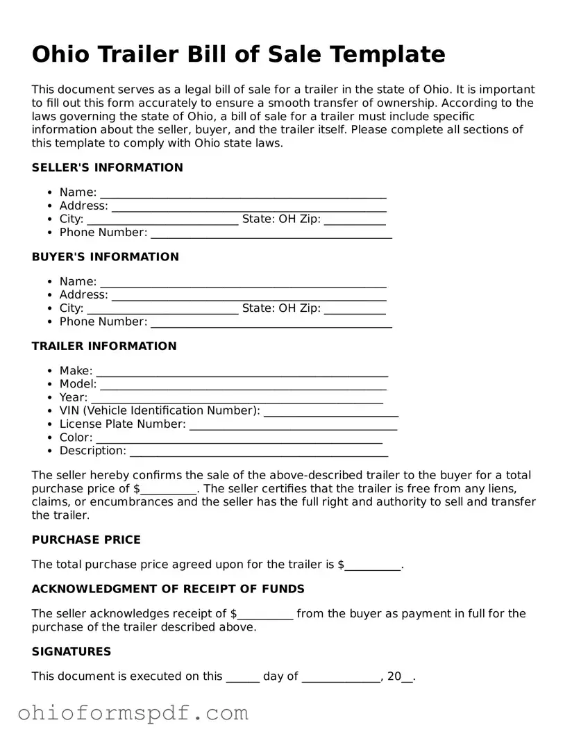 Blank Ohio Trailer Bill of Sale Form