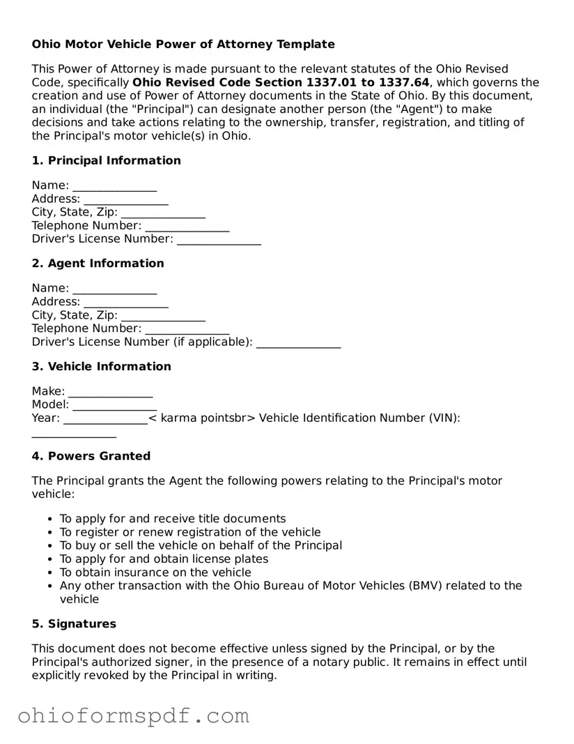 Blank Ohio Motor Vehicle Power of Attorney Form