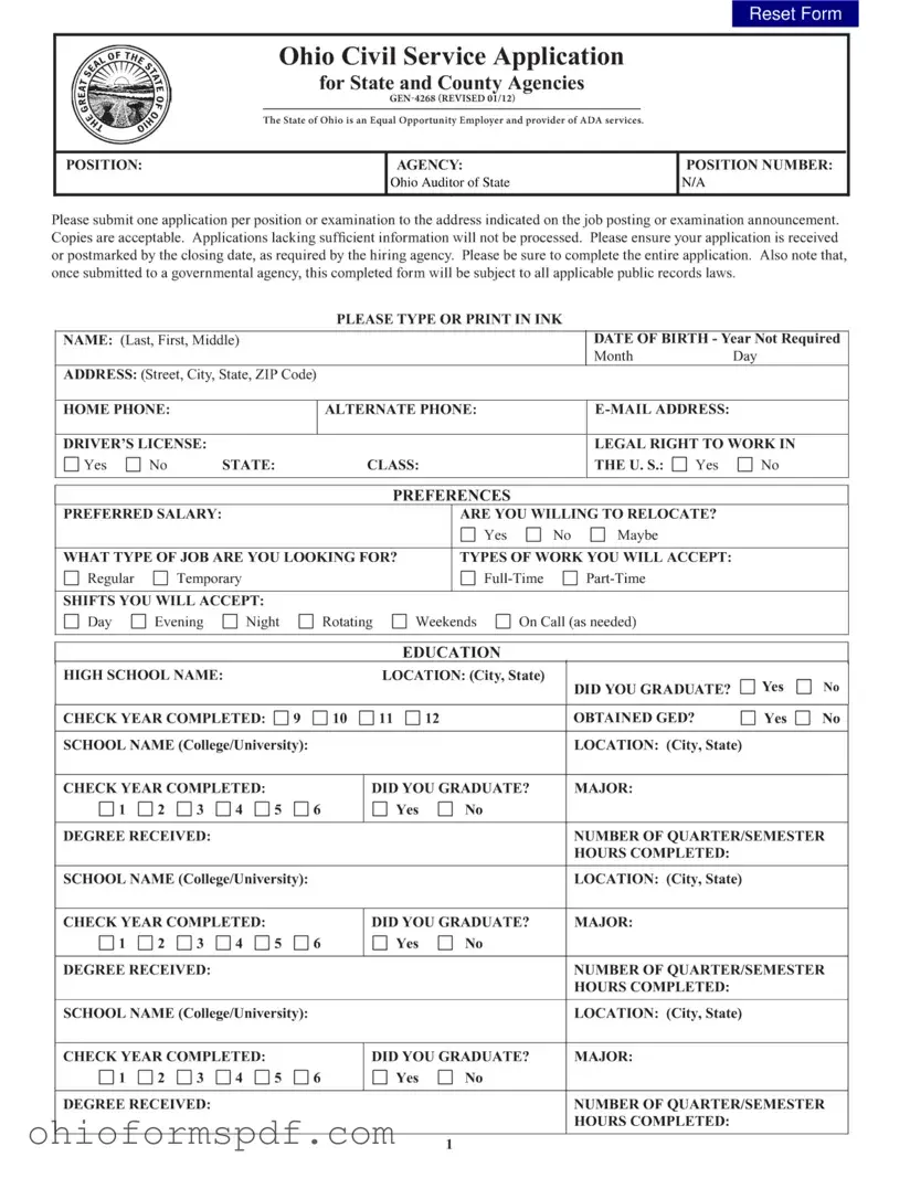 Blank Ohio Civil Service Application Template