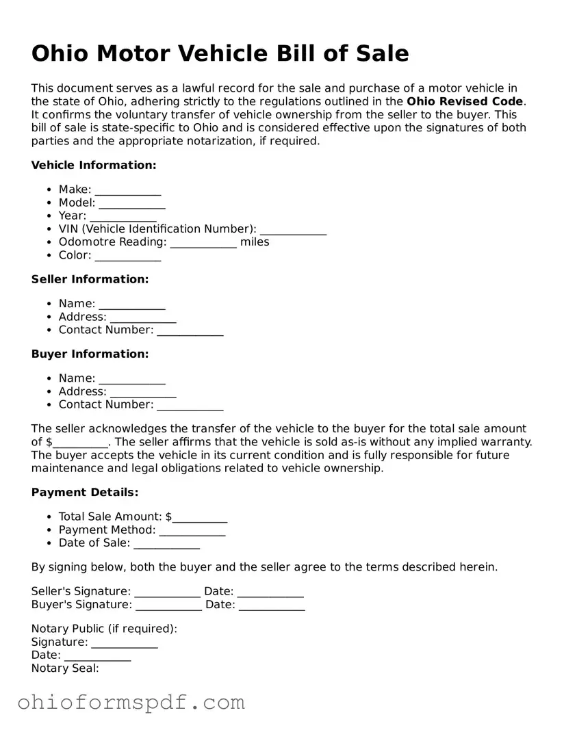 Blank Ohio Motor Vehicle Bill of Sale Form