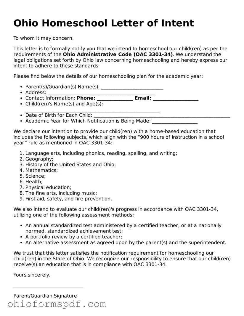 Blank Ohio Homeschool Letter of Intent Form