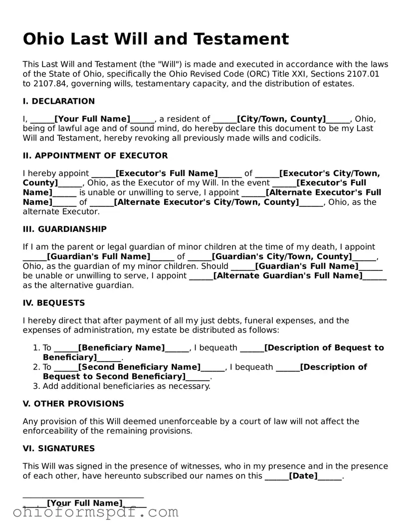 Blank Ohio Last Will and Testament Form