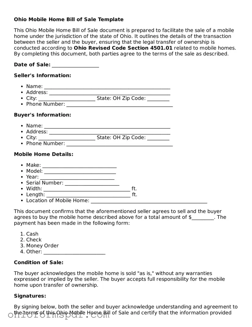 Blank Ohio Mobile Home Bill of Sale Form