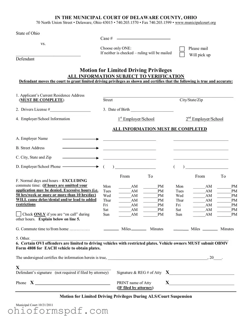 Blank Ohio Motion Driving Privileges Template