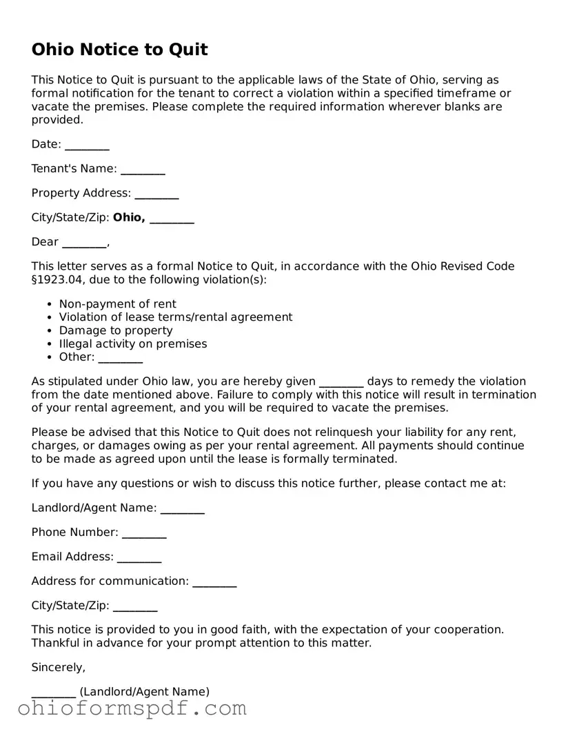 Blank Ohio Notice to Quit Form