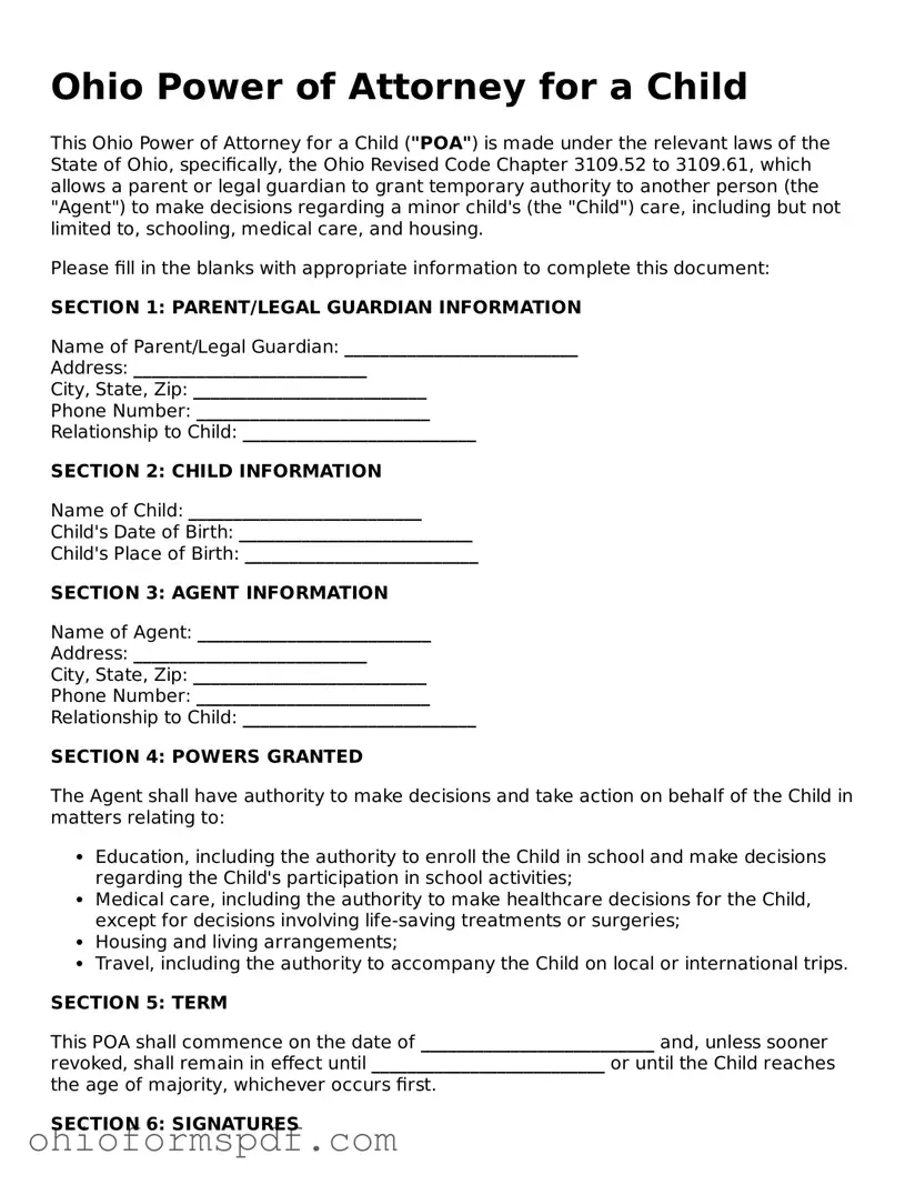 Blank Ohio Power of Attorney for a Child Form